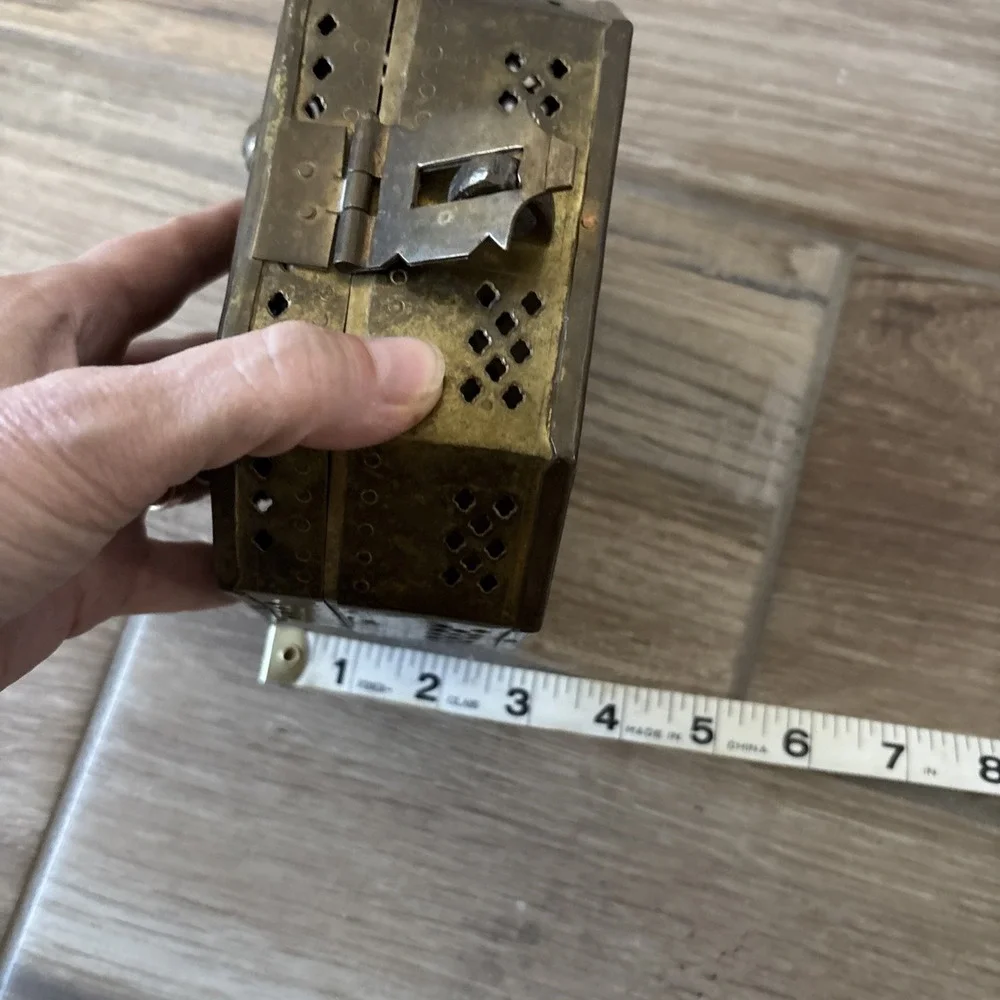 Vintage Brass Cricket Box Incense Lock Box Hinged W/ Handle Jali Cut India  6.5
